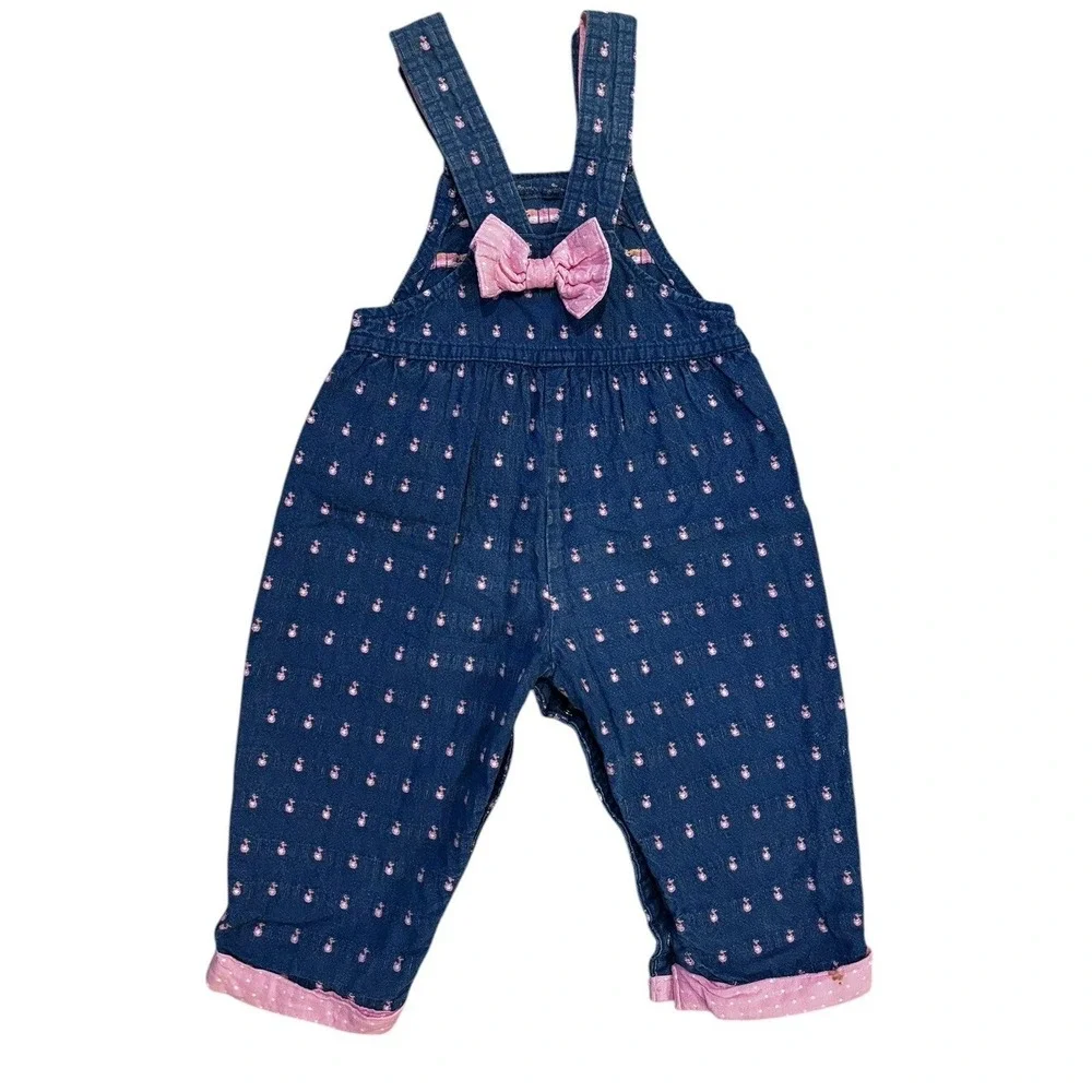 Vintage 1990s Baby Girls‎ Denim Oshkosh Overalls Pink Duck Stripe Bow 18 Months